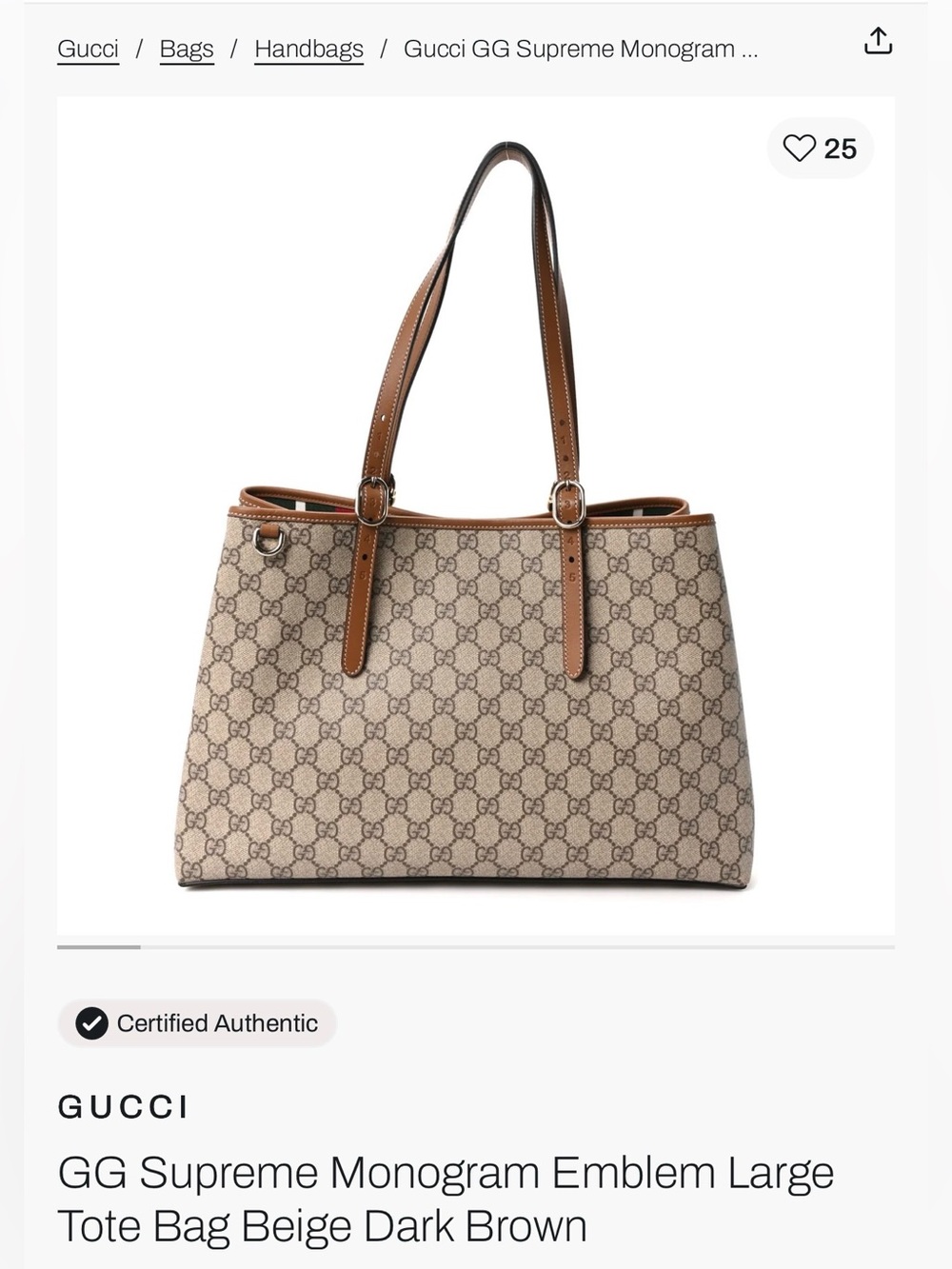 Gucci Beige GG Supreme Monogram Tote with Dark Brown Leather Trim